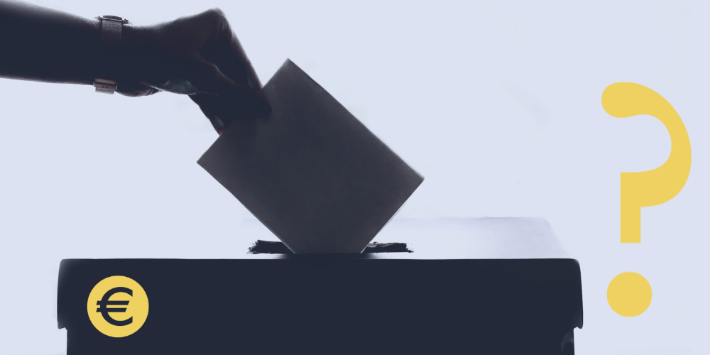 Eine Hand steckt einen Wahlzettel in eine Wahlurne. Neben einem Eurozeichen erscheint eine Sprechblase mit Fragezeichen.